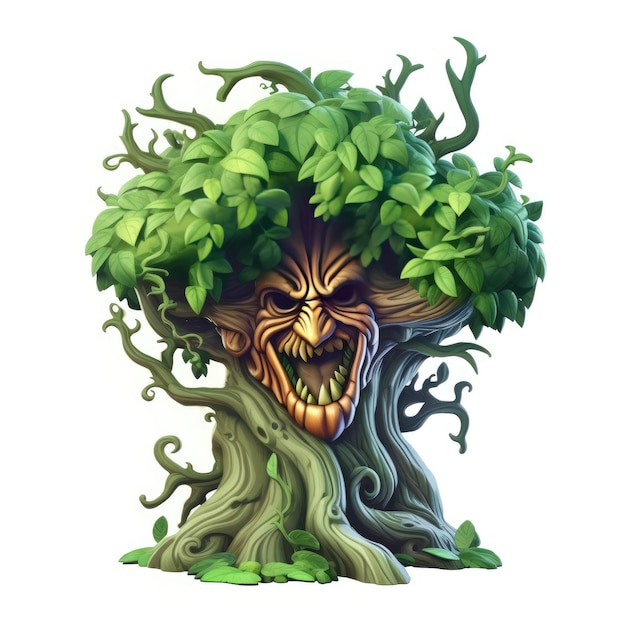 Scary tree with big teeth and green bright leaves on a white background