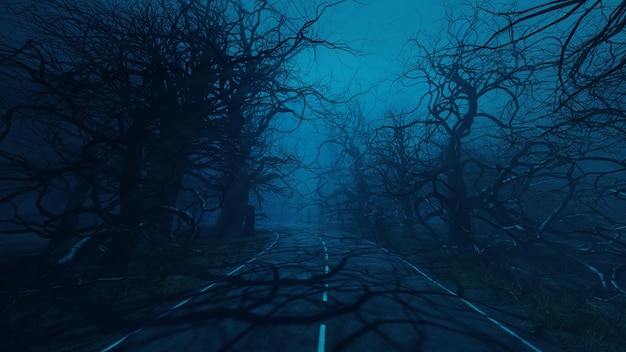 Scary trees at night near forest road Mystical eerie forest landscape in fog moonlight 3d render