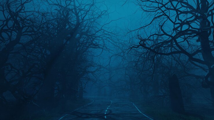 Photo scary trees at night near forest road mystical eerie forest landscape in fog moonlight 3d render