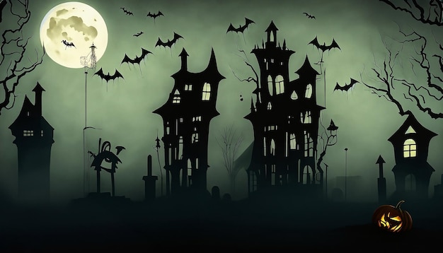 Photo scary vector halloween landscape haunted house spooky graveyard flying bats bewitching witch