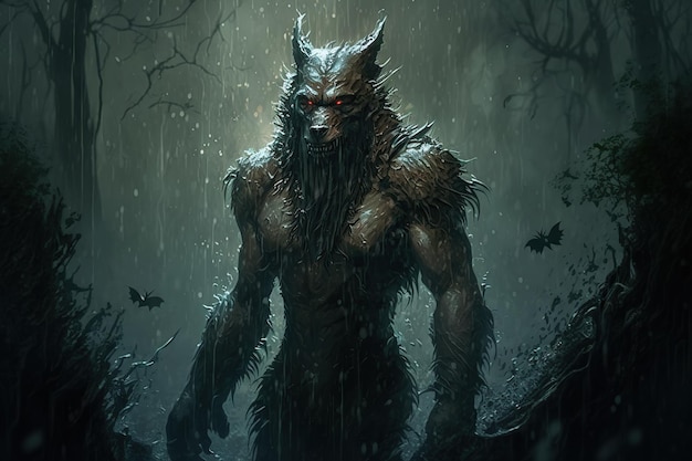 Spaventoso mostro lupo mannaro di notte nella foresta illustrazione dell'ia generativa