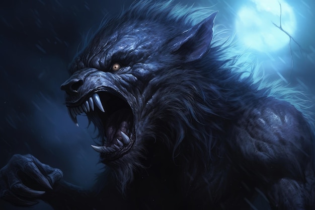 Scary werewolf in the night fantasy concept digital illustration Generative AI