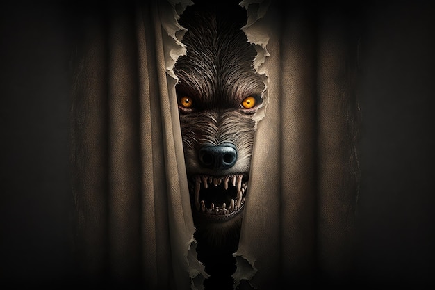 Photo scary werewolf peeking out from behind curtain ready to attack