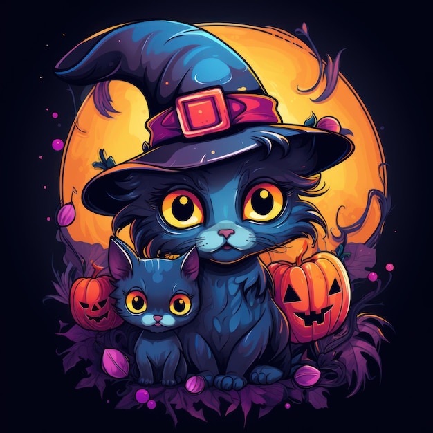 Scary Witch with Cat and Crow Clipart in Bright Colors AI Generated