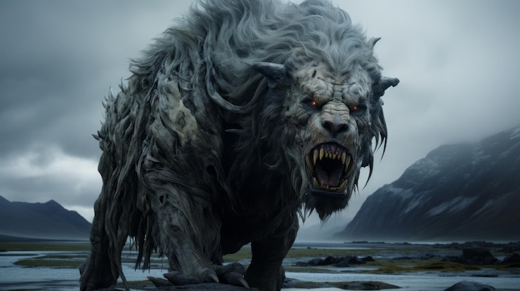 Photo scary wolflike creature on rocky surface a sharp brushwork manticore