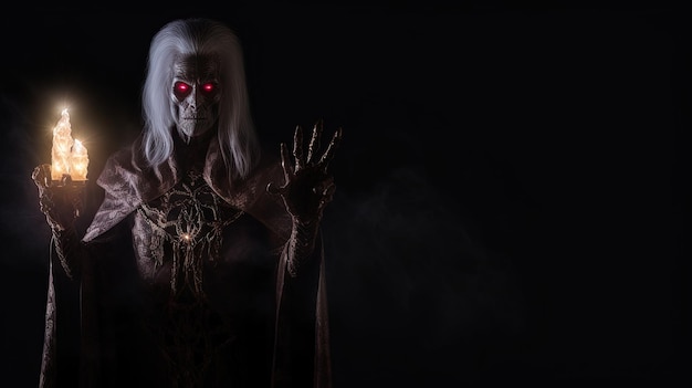 Scary woman in death costume holding burning torch on black background AI generative