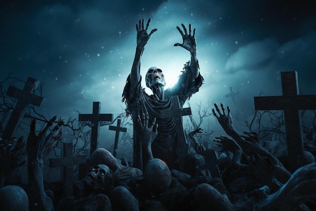 Photo a scary zombie in a graveyard with a full moon behind it