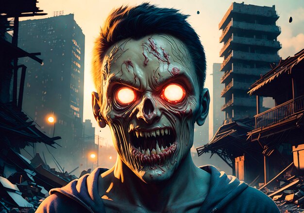 Scary zombie man on the background of the city zombie Apocalypse Halloween concept Generative AI