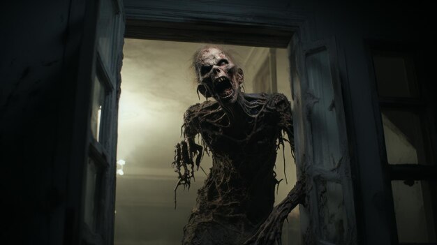 Scary Zombie Outside Open Door Vray Tracing Tangled Nests 8k resolutie