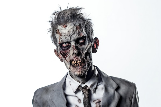 Scary zombie portrait on white background