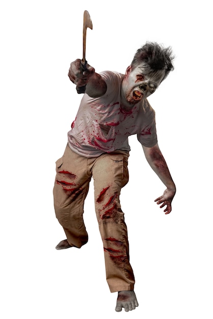 Scary zombie with blood and wound on his body holding sickle standing isolated over white background