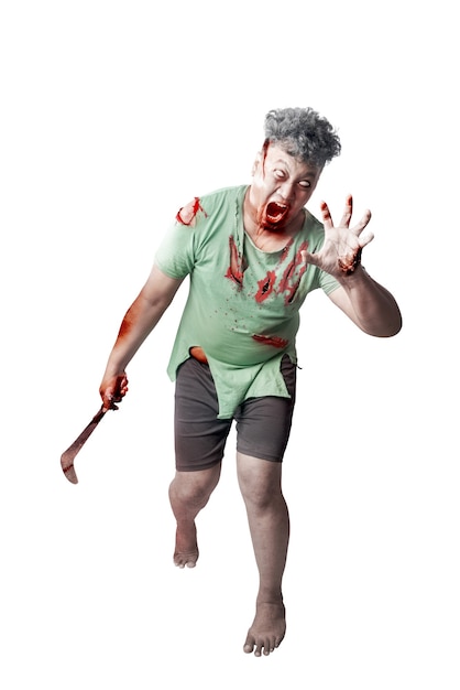 Scary zombie with blood and wound on his body holding sickle standing isolated over white background