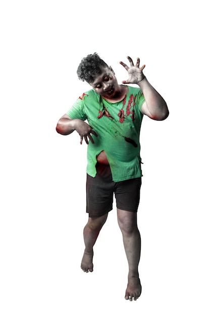 Scary zombie with blood and wound on his body standing isolated over white background