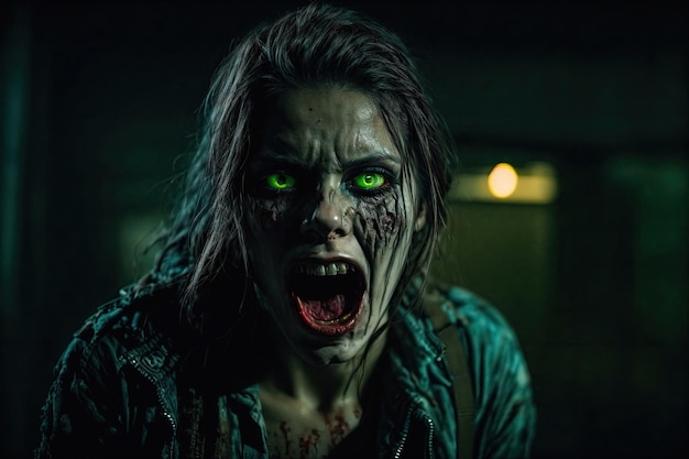 Фото Страшный зомби с кровавым лицом на открытом воздухе крупный план хэллоуин монстра ai генератив