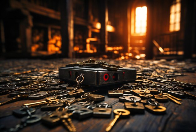 a scather of keys on a table