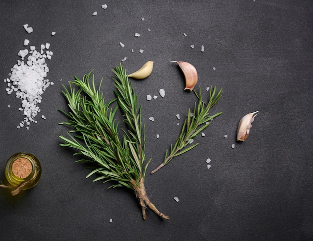 Scattered coarse white salt peppercorns and rosemary sprigs on a black table ingredients for cooking fish and meat