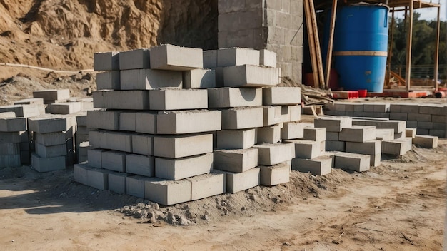 Scattered concrete blocks at a construction site