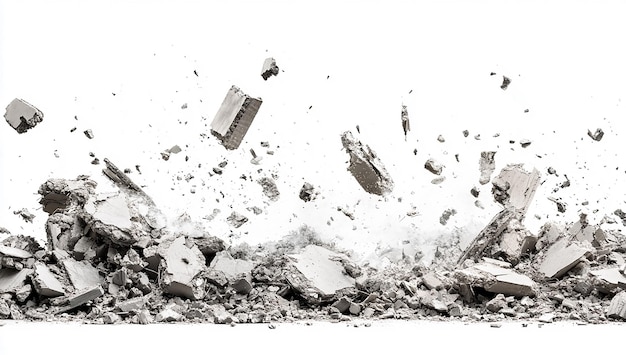 Scattered concrete fragments and rubble isolated on a white background