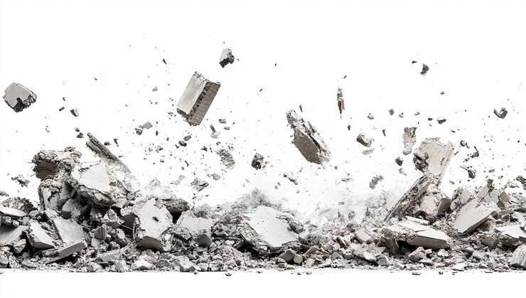 Photo scattered concrete fragments and rubble isolated on a white background