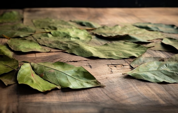 Scattered Dry Bay Leaves on Wood