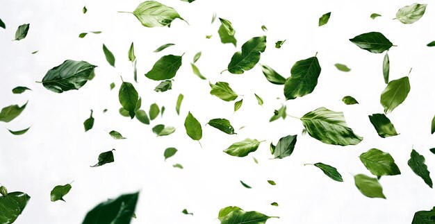 Photo scattered green leaves on a light background for fresh concepts