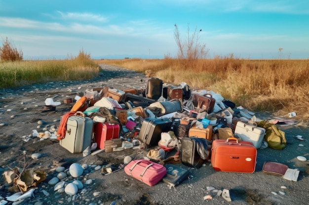 Scattered luggage and personal items at crash site created with generative ai