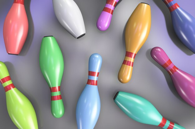 Scattered multi-colored bowling pins. Top view.