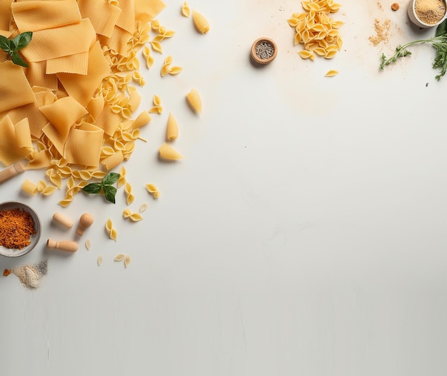 Photo scattered pasta on white backgound