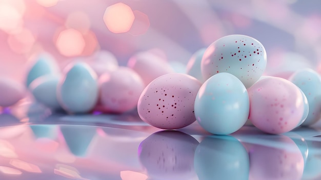 Photo scattered pastel eggs on reflective surface ai generated