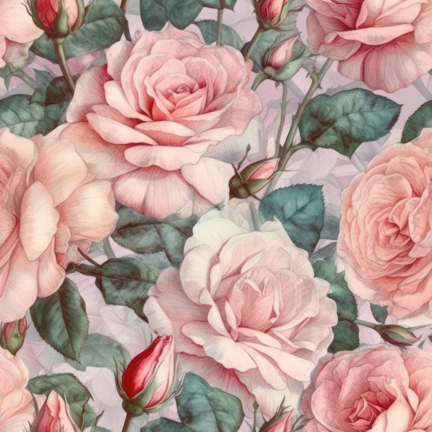 Scattered Pink Roses on Pastel Watercolor Background Perfect for Romantic Greeting Cards Generative AI