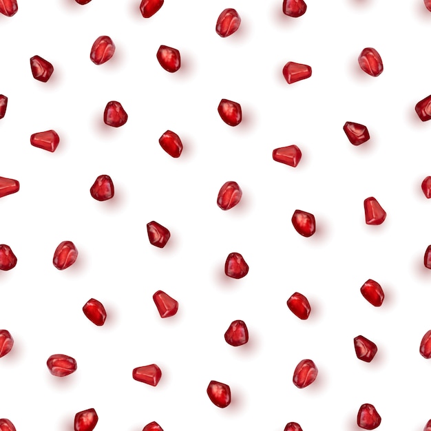 Scattered pomegranate seeds pattern isolated on white background. Red punica granatum juicy grains texture or backdrop top view