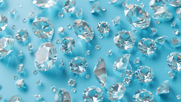 Scattered sparkling diamonds on a blue surface luxury gems background perfect for jewelry ads exquisite and elegant AI