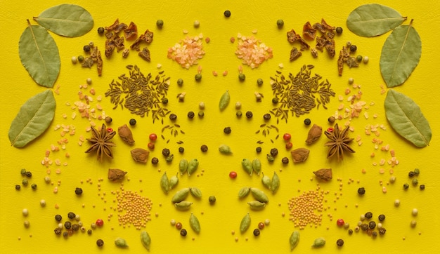 Scattered spices on a yellow background. Top view