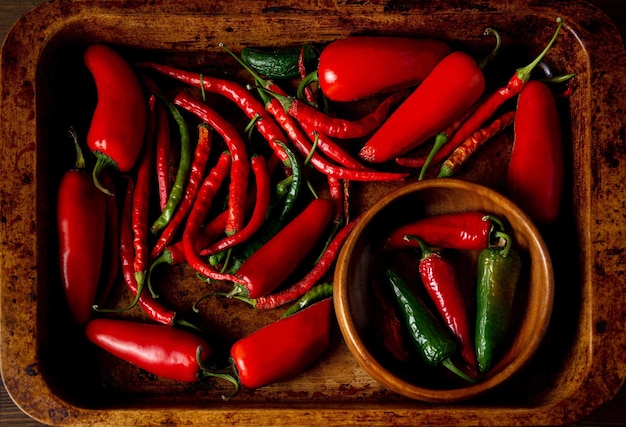 A scattering bunch of red chilies and green romano peppers on a wooden tray