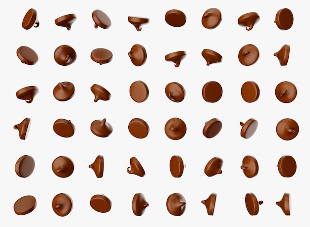 白い背景の3dイラストにおいしいチョコレートチップスの散乱