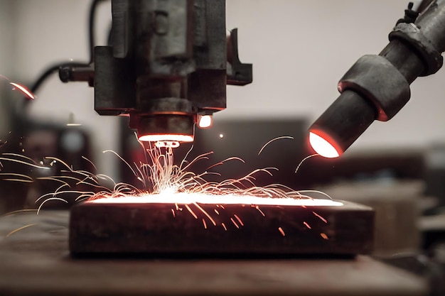 Scattering of white sparks from welding during metal processing\
on the machine