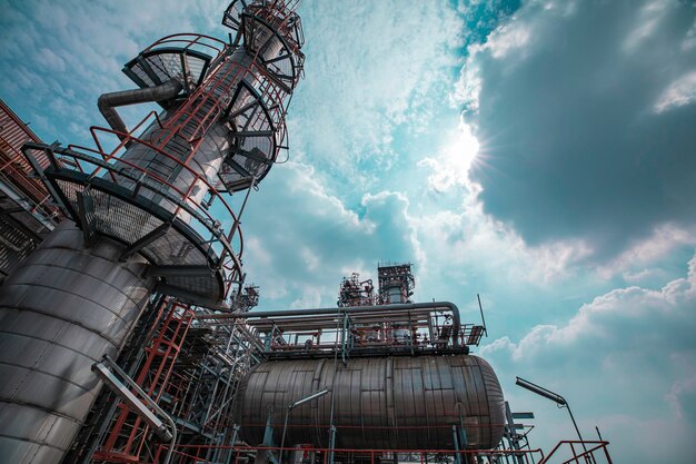 Photo scene afternoon of pipeline oil refinery plant tower and column tank oil