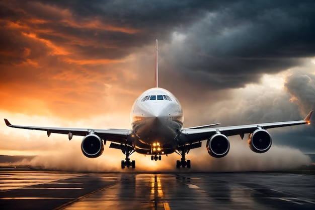 Photo a scene of an airplane landing at sunset