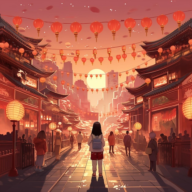 Scene in Anime Style for Chinese New Year Festival Celebration