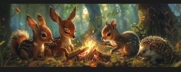 a scene of baby animals including a fawn squirrel and hedgehog gathered around a campfire