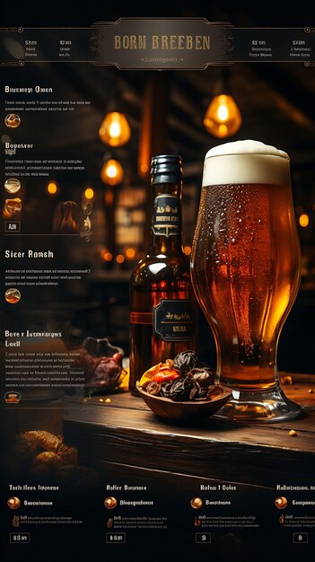 Foto scena di birra artigianale invecchiata in botte con una calda palette ambra e marrone w poster menu flyer design art