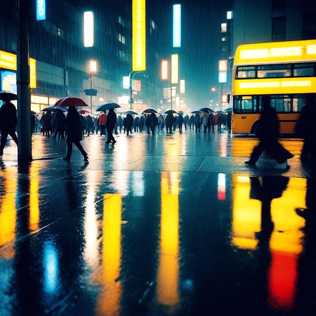 Photo scene of a bustling urban street corner during a rainy evening rush hour