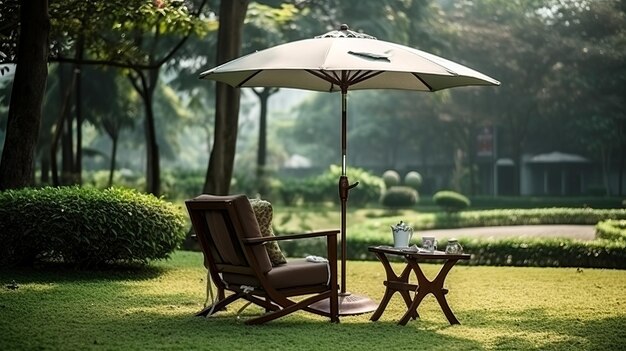 Scene of chair with coffee table and umbrella near green lawn in nature park