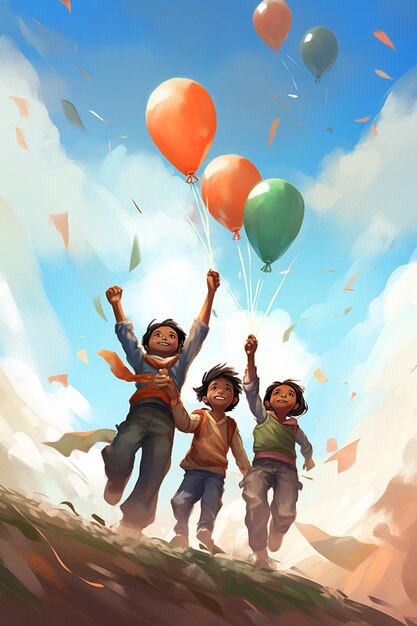 A scene of children dressed in tricolor attire releasing tricolor balloons into the sky