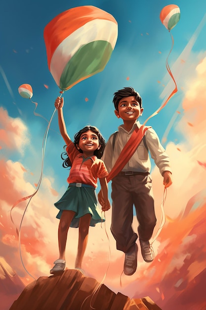 Foto una scena di bambini vestiti in abbigliamento tricolore che rilasciano palloncini tricolori nel cielo