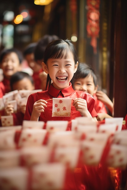 Photo a scene of children receiving red envelopes