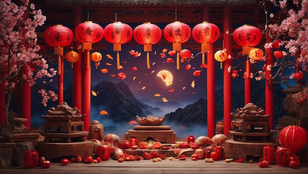 Scene of Chinese New Year and Mid Autumn Festival celebration with ancient traditional temple