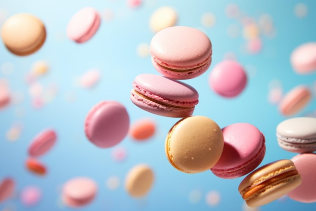 Scene of colorful macarons floating in mid air against a pastel background AI generated