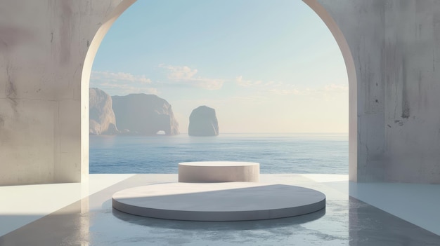 Сцена состоит из геометрических форм арки и подиума в естественном дневном свете с минимальным ландшафтным фоном Вдалеке виден вид на море Летняя сцена на фоне с 3D