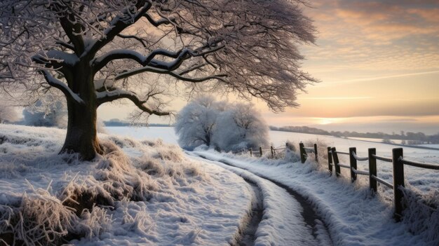 Scene of countryside covered with snow